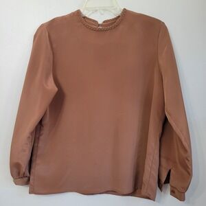 Lauren Lee Vintage Brown Braided Neckline Long Sleeve Blouse Size 12